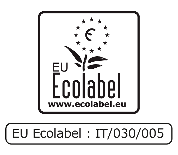 Um logótipo a preto e branco com o texto «EU Ecolabel» (Rótulo Ecológico da UE), com um desenho de folhas e estrelas acima, indicando certificação ecológica. O URL do site e um número de certificação também estão incluídos.
