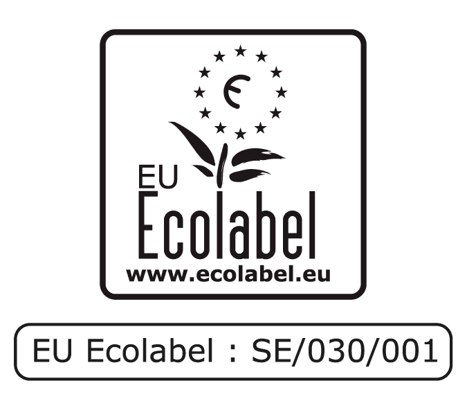 Ένα ασπρόμαυρο λογότυπο με την ένδειξη «EU Ecolabel» (Οικολογικό σήμα της ΕΕ), συνοδευόμενο από ένα στυλιζαρισμένο φυτό και τα αστέρια της Ευρώπης, που υποδηλώνει πιστοποίηση για προϊόντα φιλικά προς το περιβάλλον.