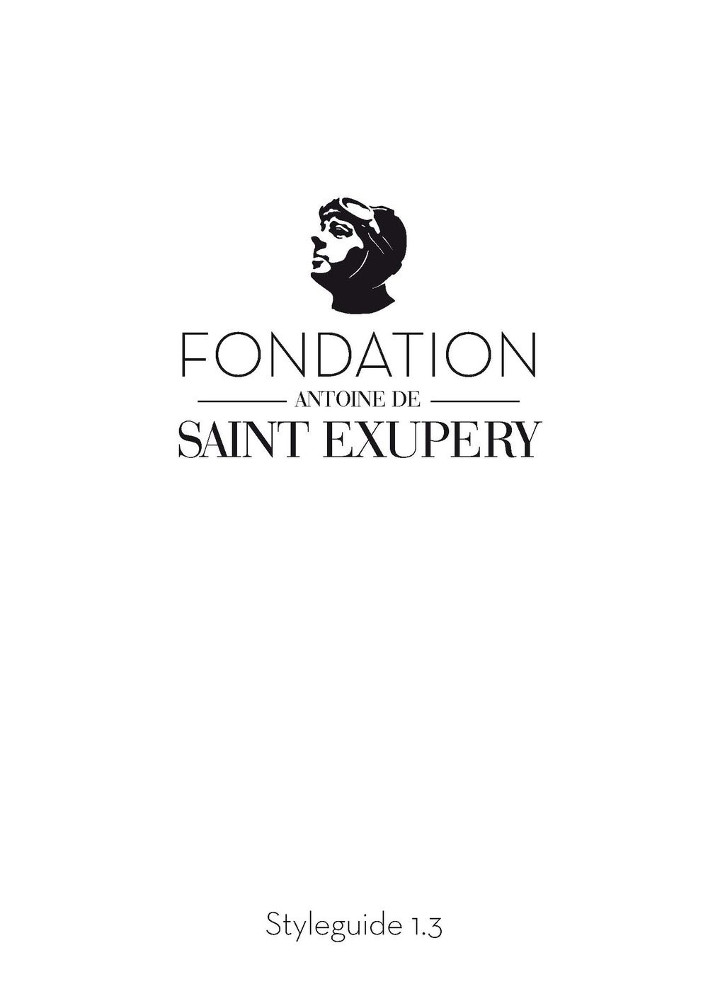 Logo della Fondation Antoine de Saint Exupéry con la sagoma dell'autore sopra il testo, dal design minimalista. Il testo in basso recita "Styleguide 1.3".