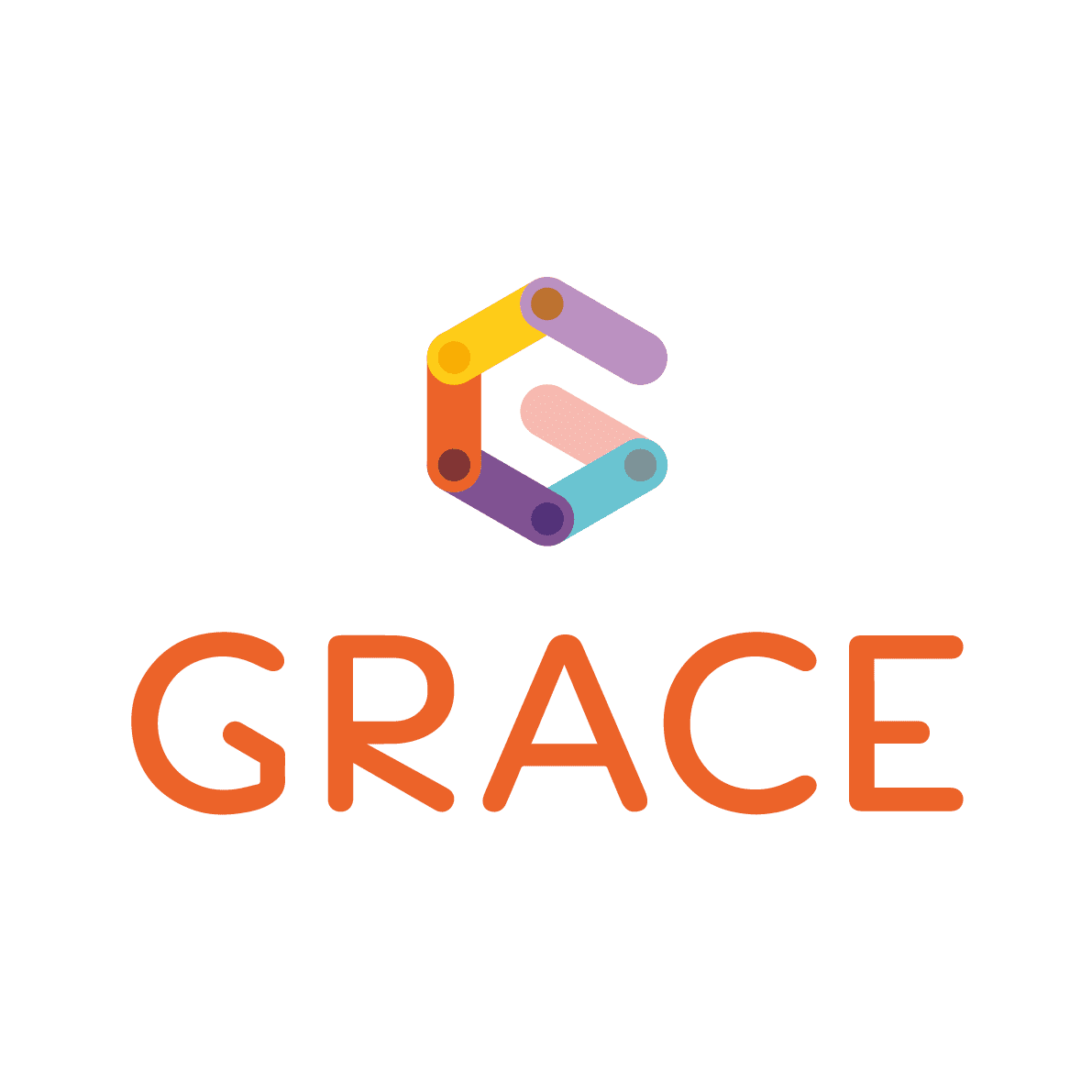 Logo di "GRACE", caratterizzato da una lettera "G" stilizzata composta da forme colorate, con la parola "GRACE" scritta in grassetto arancione sotto di essa.