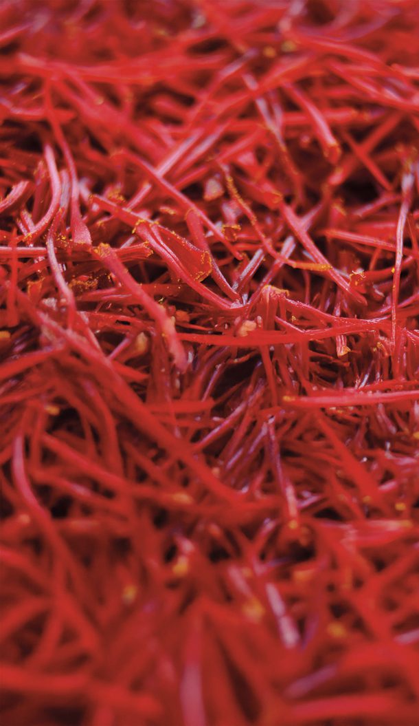 Un primo piano dei fili di zafferano rosso brillante, che ne evidenzia la consistenza delicata e sottile.