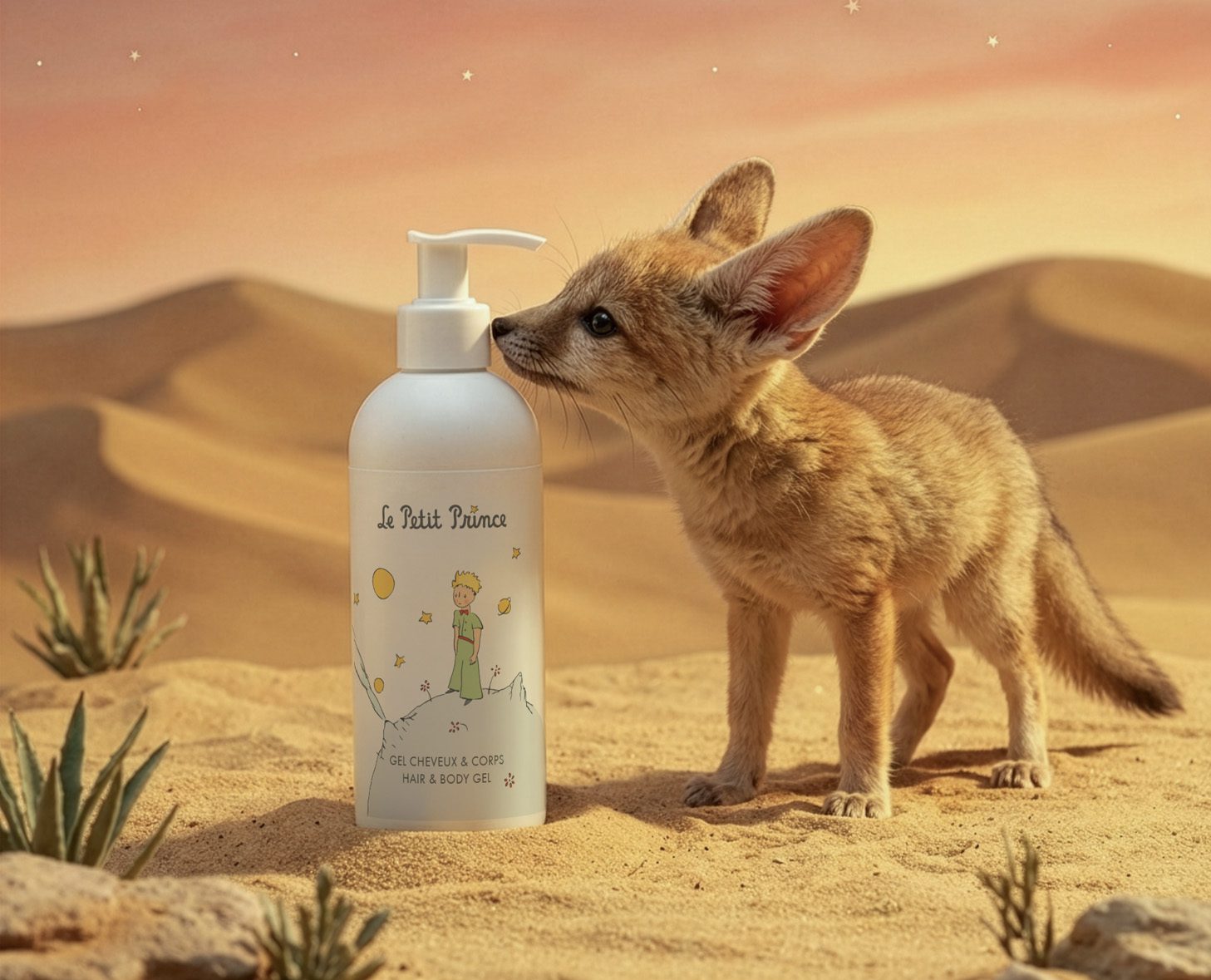 Ein Fennek-Fuchs schnüffelt neugierig an einer FlascheLe Petit Prince Haar- und Körpergel vor einer Wüstenkulisse. Die Flasche ist mit einer verspielten Illustration verziert, die sich auf „Der kleine Prinz“ bezieht.