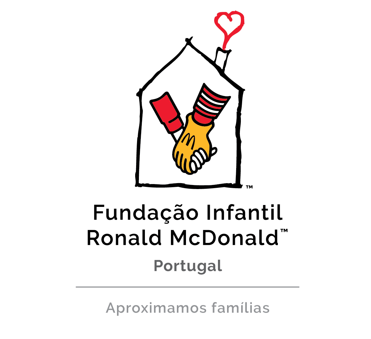 Una casa stilizzata con un cuore nella parte superiore, raffigurante due mani che si stringono, con il testo "Fundação Infantil Ronald McDonald™ Portugal" e la frase "Aproximamos famílias" sotto.