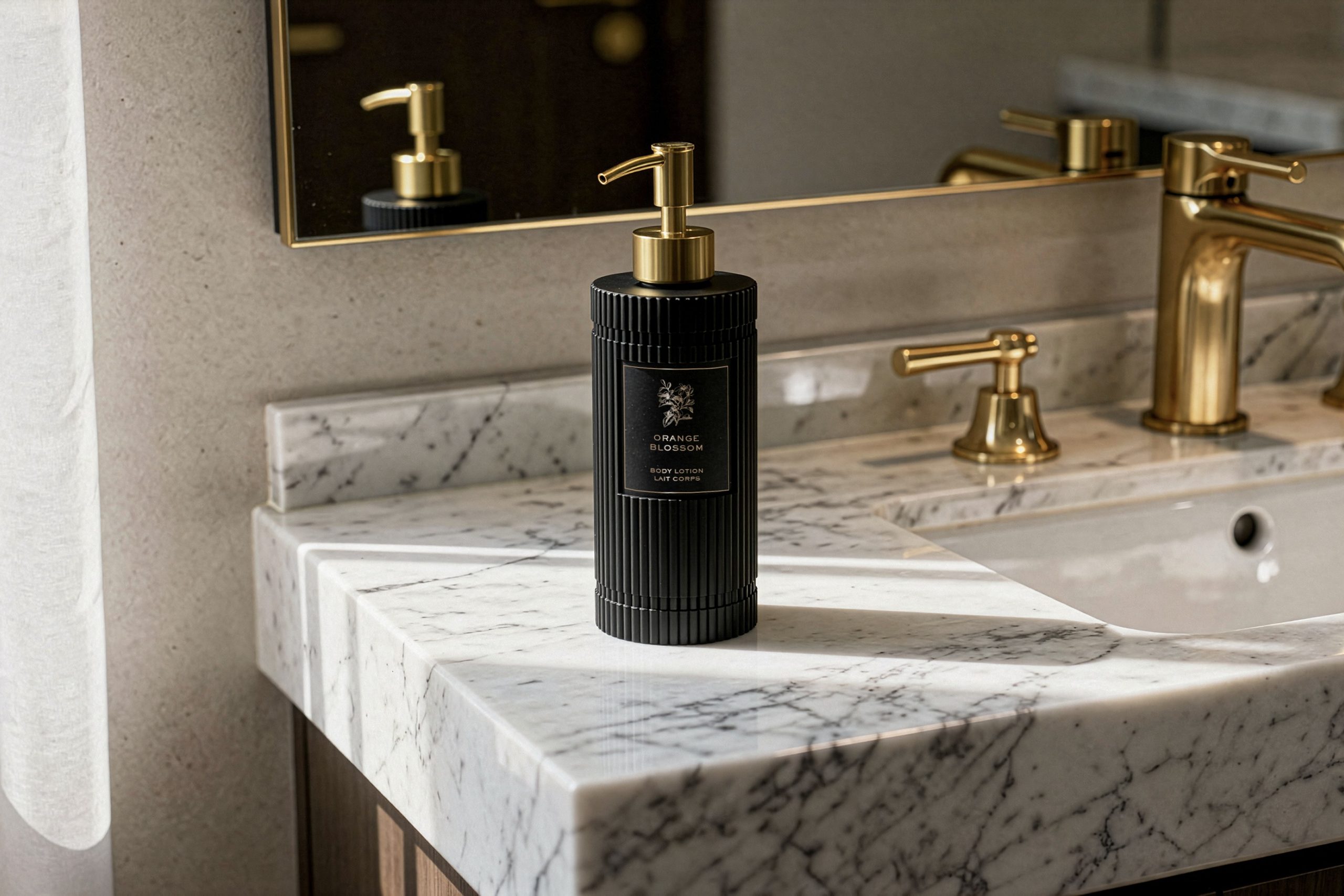 Elegantes frascos brancos de creme para as mãos «Belleron» frascos bomba preta, com um padrão decorativo em relevo, colocados sobre uma bancada de mármore na casa de banho, tendo como pano de fundo uma parede de pedra em tons neutros.