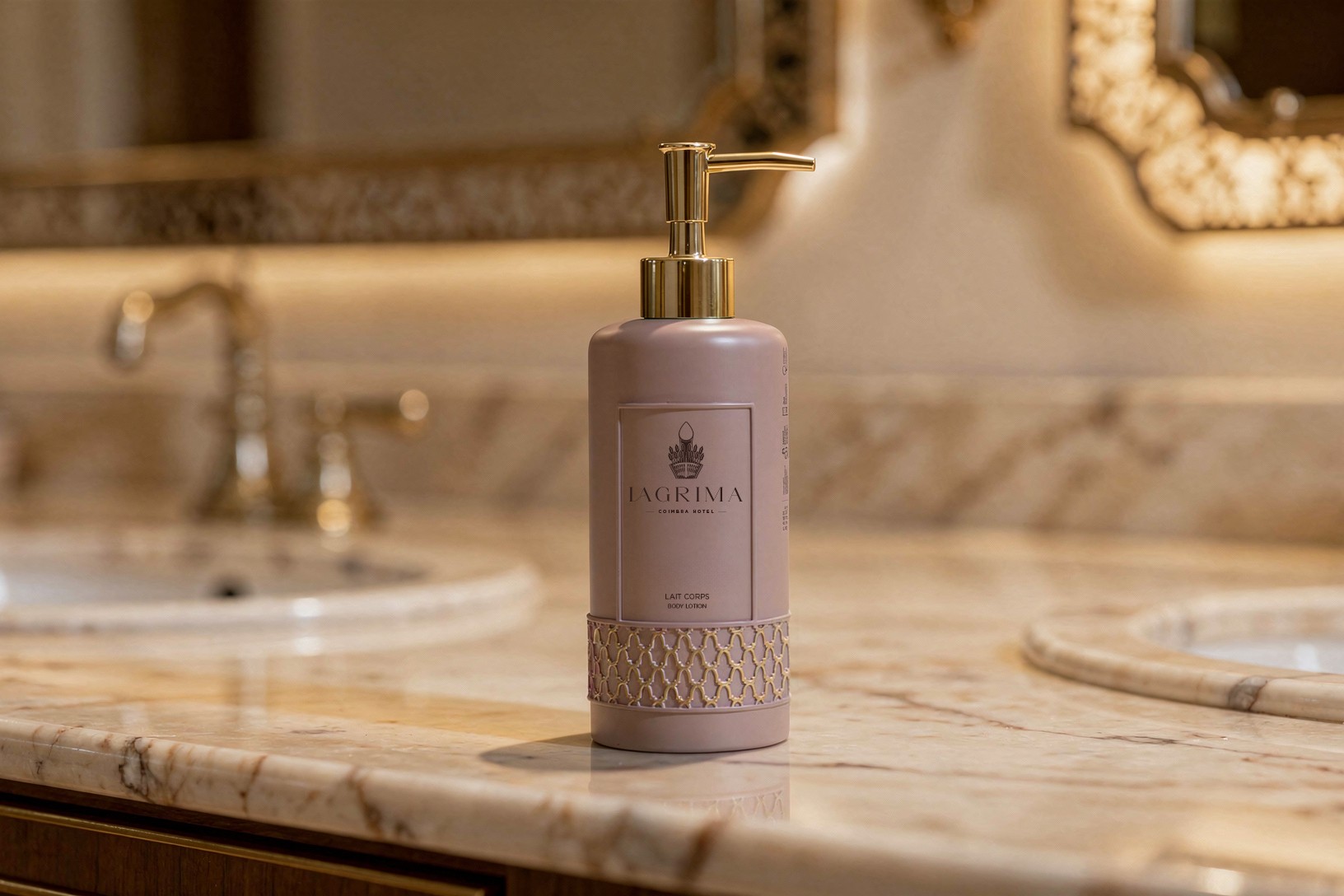 Elegantes frascos cor-de-rosa da loção corporal «Lagrima», frascos bomba dourada, sobre uma bancada de casa de banho em mármore bege, num ambiente luxuoso com iluminação suave e acessórios clássicos para o lavatório.