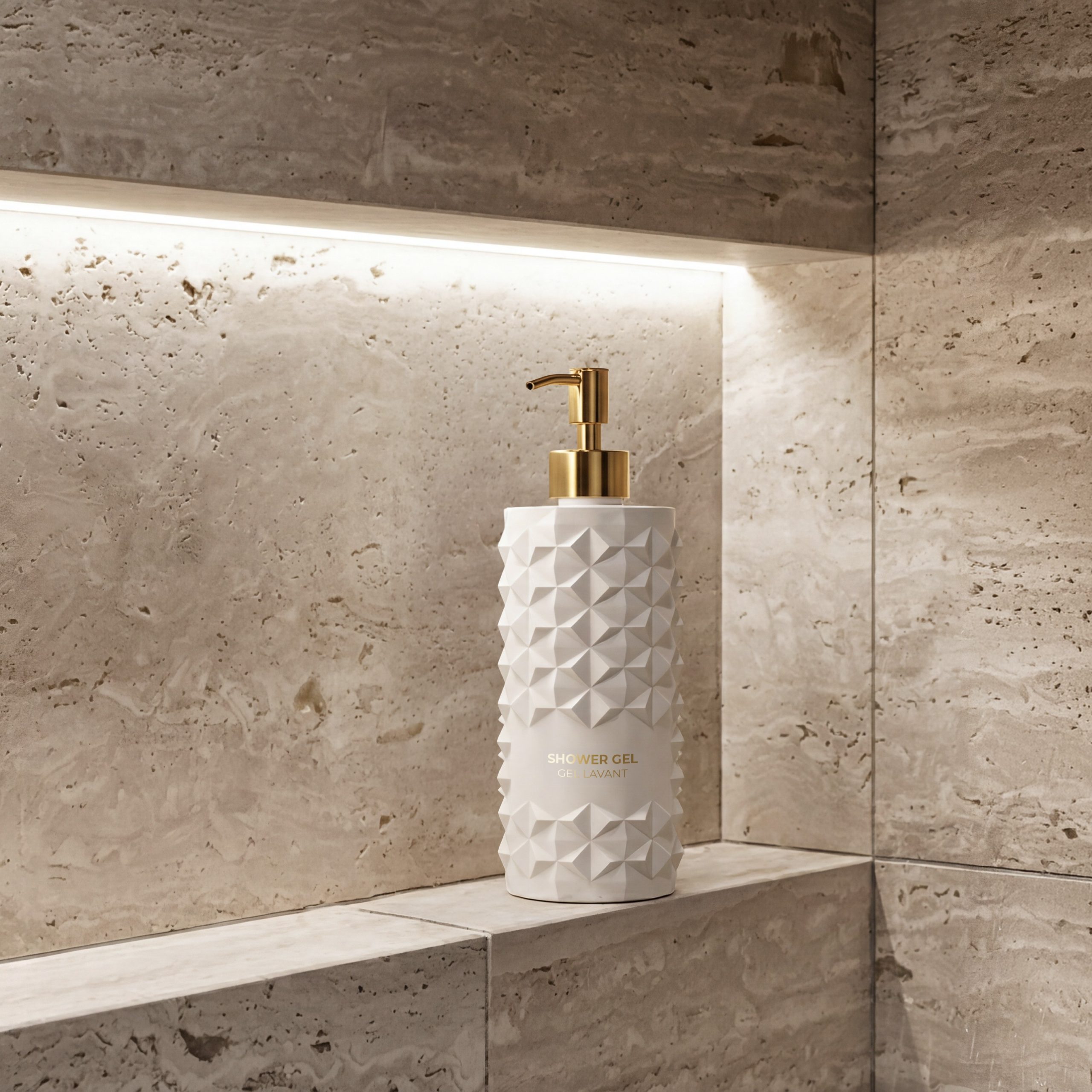 frascos brancos de luxo frascos motivos geométricos para gel de banho, frascos bomba dourada, dispostos numa prateleira de casa de banho em pedra bege, realçados por uma suave iluminação embutida num interior moderno ao estilo de um spa.