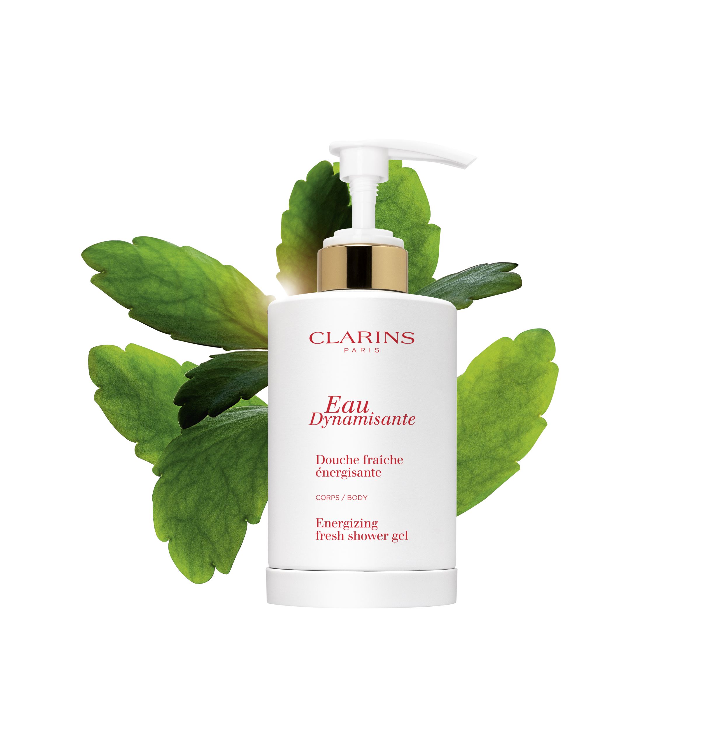 Clarins „Eau Dynamisante“ – Flasche mit belebendem, erfrischendem Duschgel, verziert mit grünen Blättern auf weißem Hintergrund.