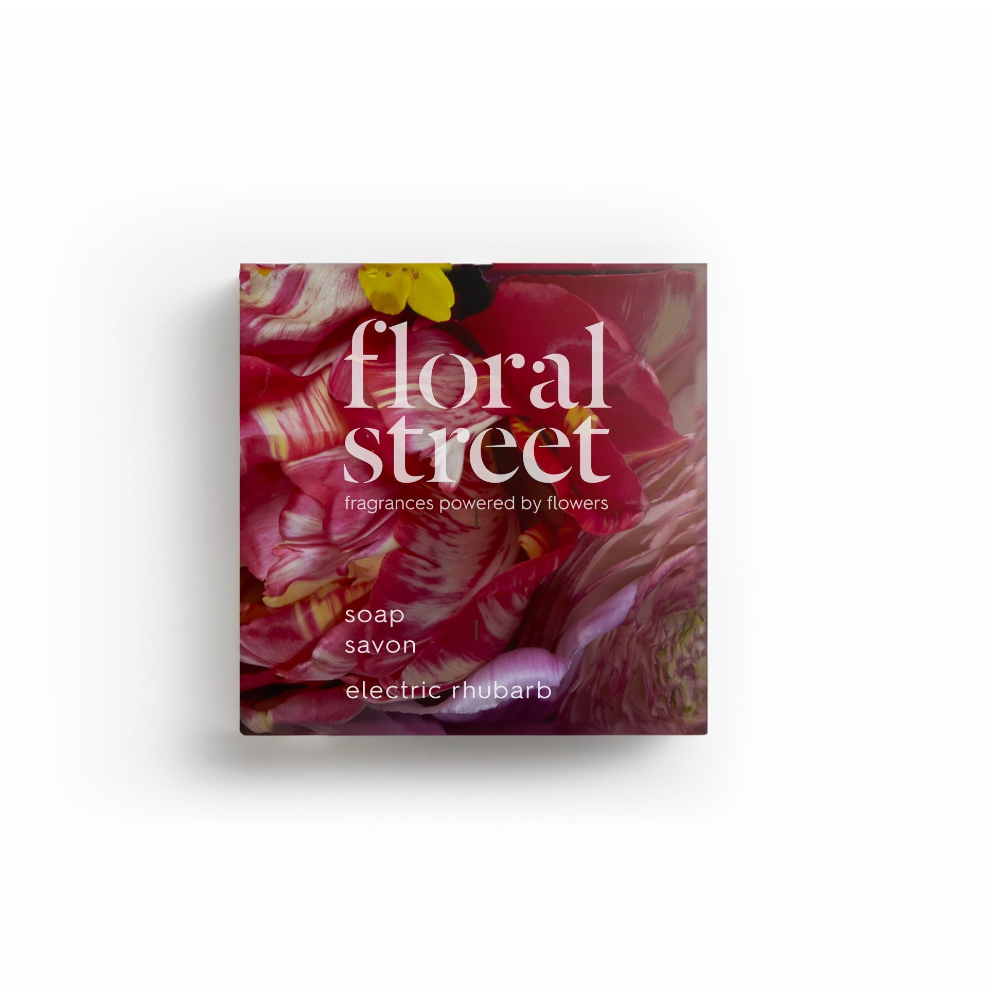 Floral Street Embalagem sabonete «Electric Rhubarb» com um desenho floral sobre fundo branco, fotografia minimalista do produto de beleza.