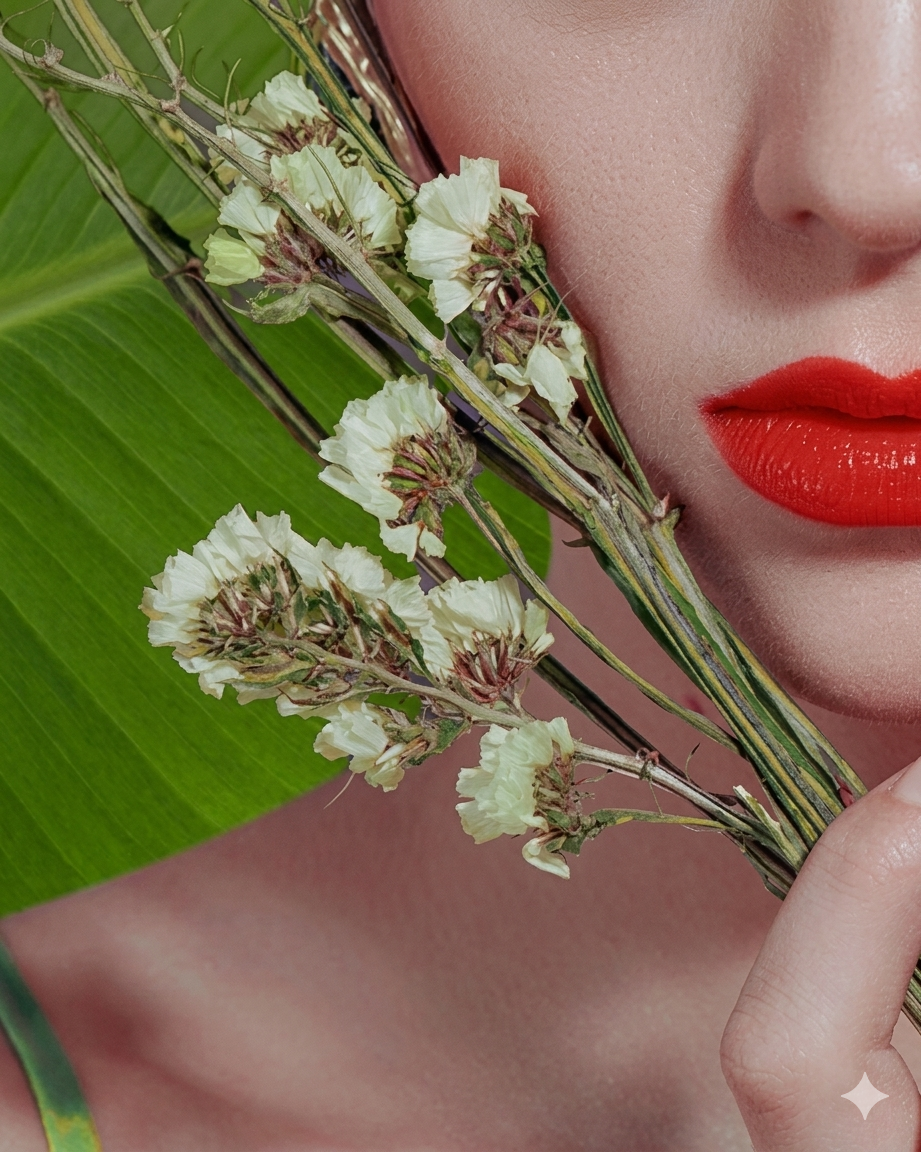 Grande plano da metade inferior do rosto de uma pessoa, com lábios de um vermelho vivo, parcialmente cobertos por delicados caules de pequenas flores claras. As flores e os ramos finos encontram-se junto ao rosto, com uma grande folha verde ao fundo, criando uma composição botânica centrada na beleza, com detalhes nítidos e um contraste vibrante.