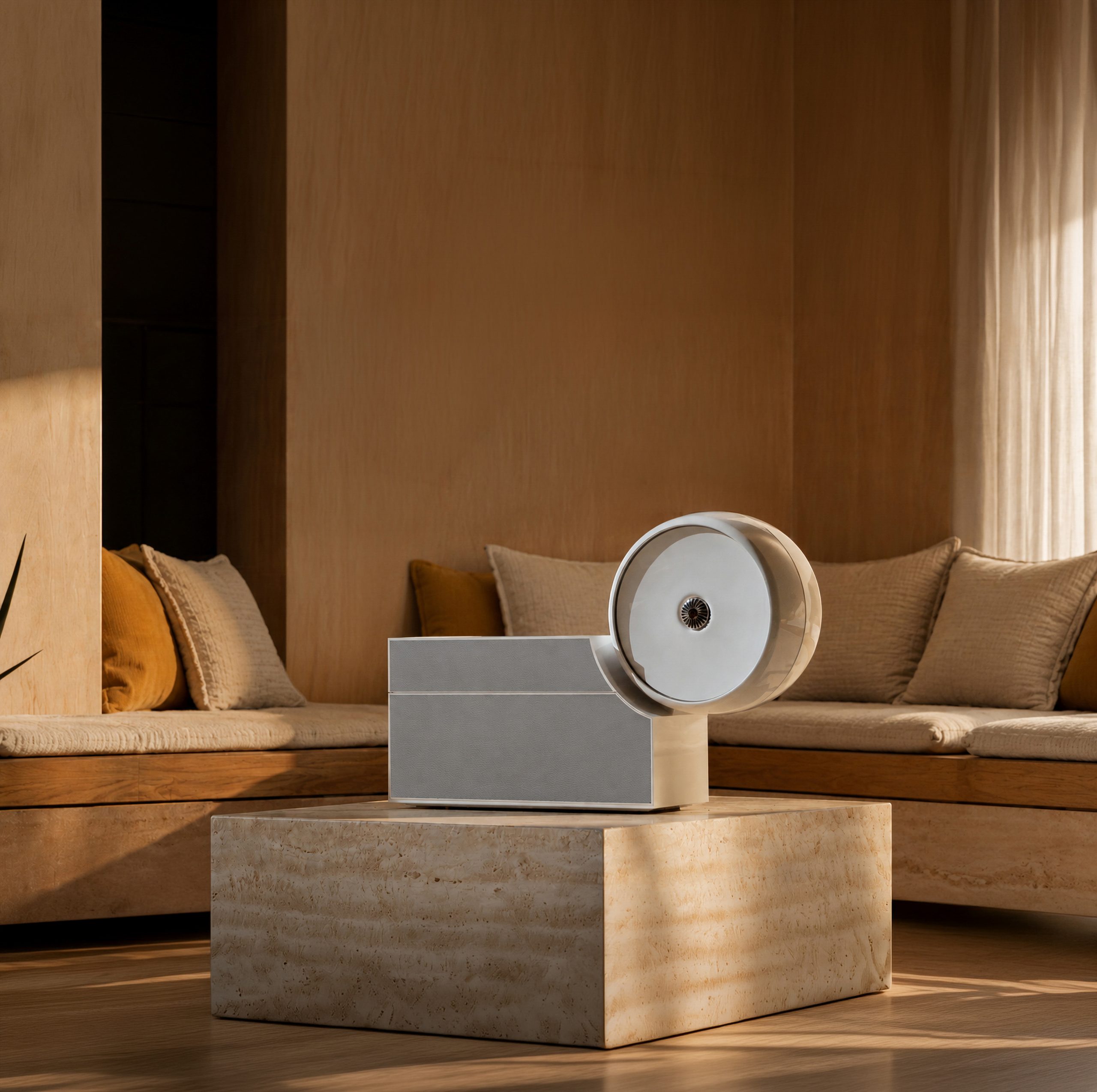 Diffuseur de parfum de luxe contemporain dans un intérieur chaleureux et baigné de soleil, à la décoration raffinée.