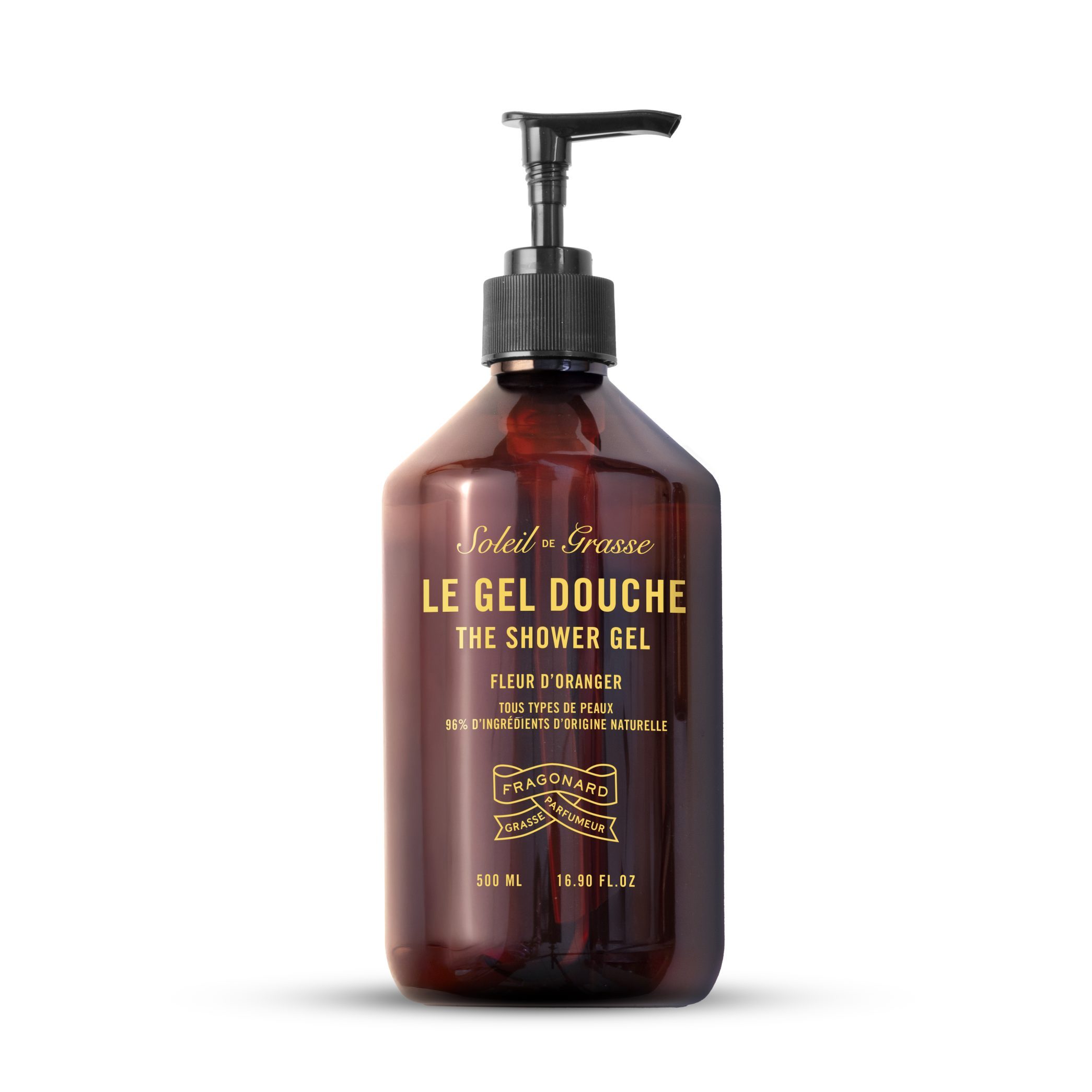 Soleil de Grasse shower gel by Fragonard in an amber eco-pump bottle with orange blossom fragrance.