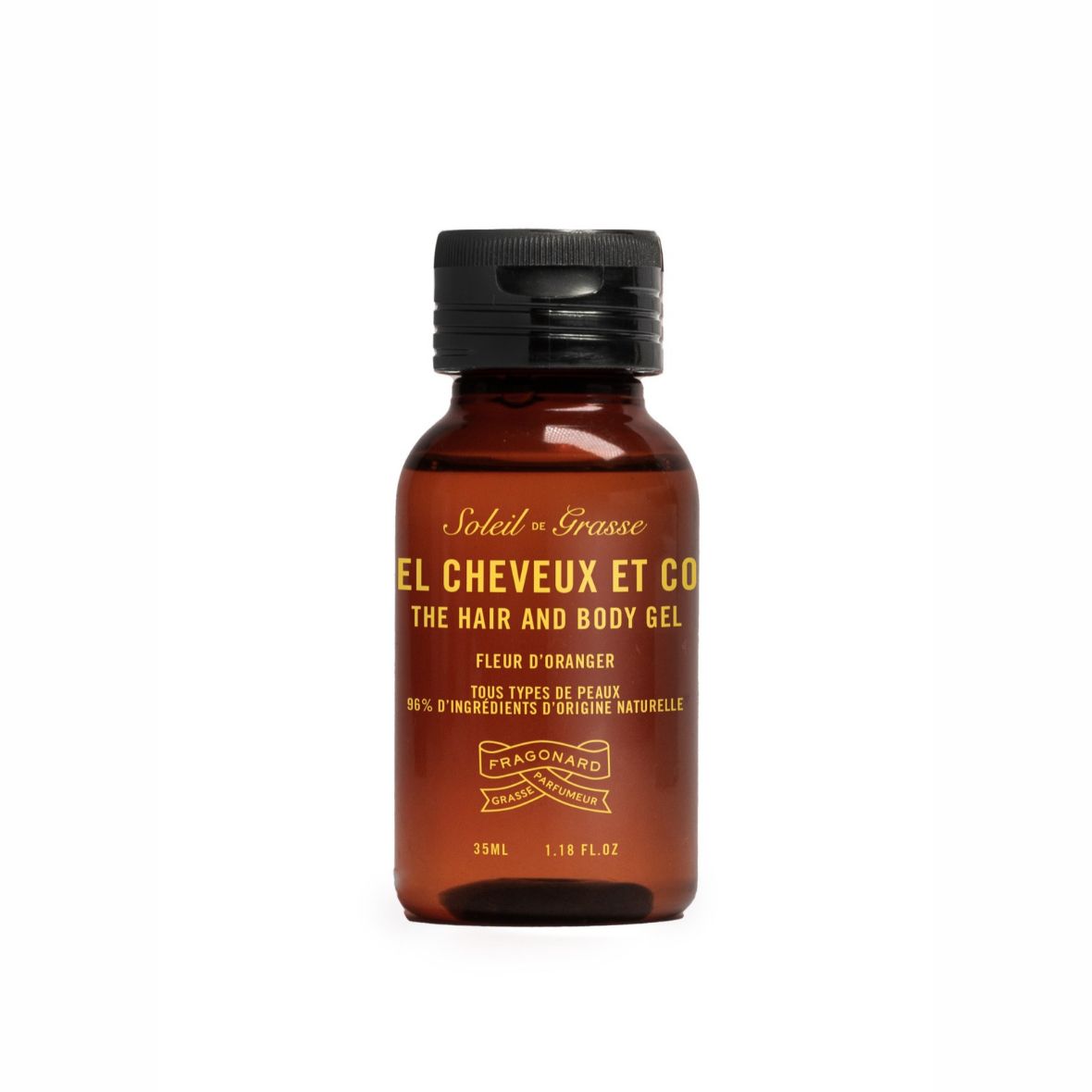 Fragonard Soleil de Grasse orange blossom hair and body gel travel-size bottle with natural ingredients for daily skincare and cleansing.