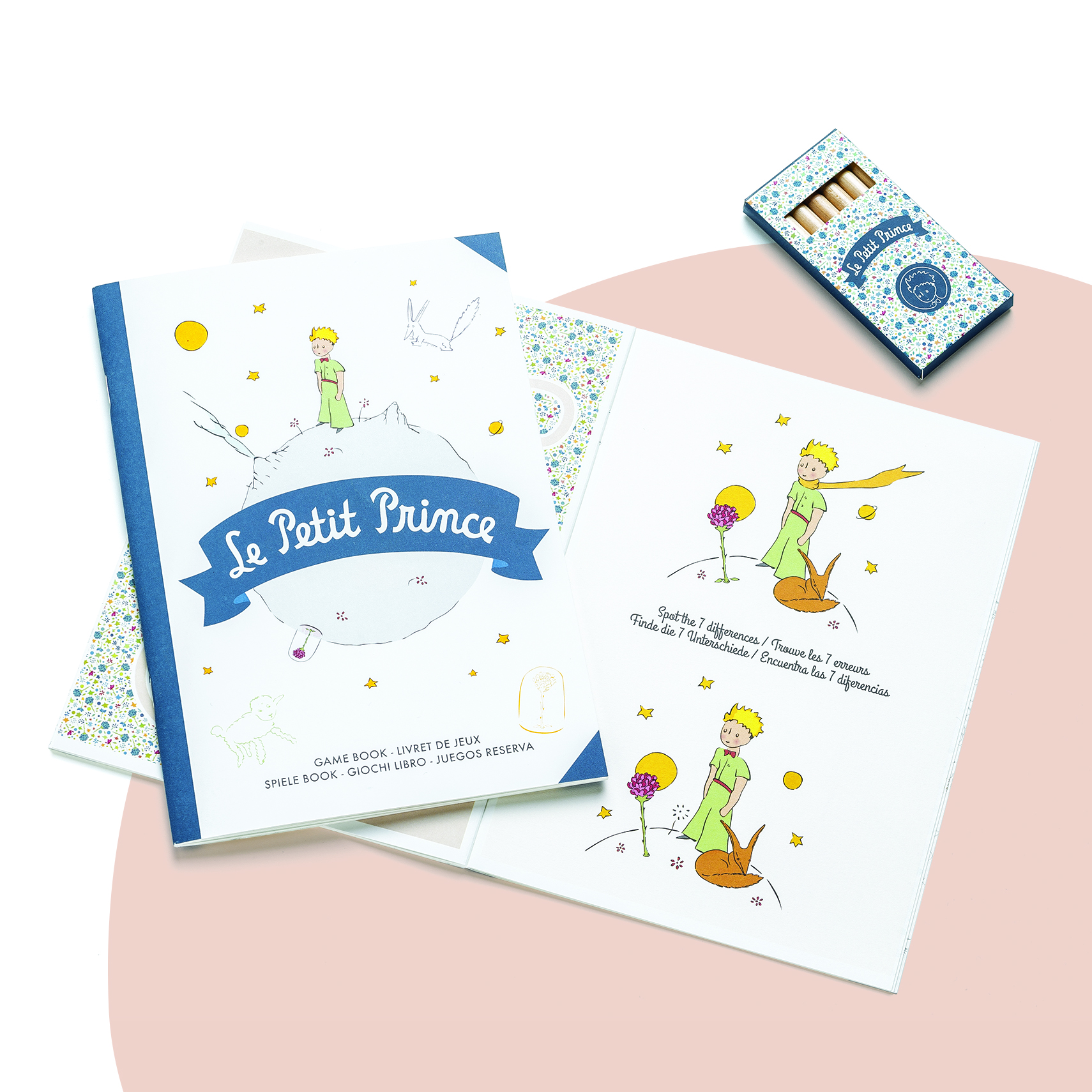 Le Petit Prince un livre d'activités et un livret de jeux comprenant des pages illustrées, des puzzles éducatifs et des crayons de couleur assortis sur le même thème, destinés aux enfants.