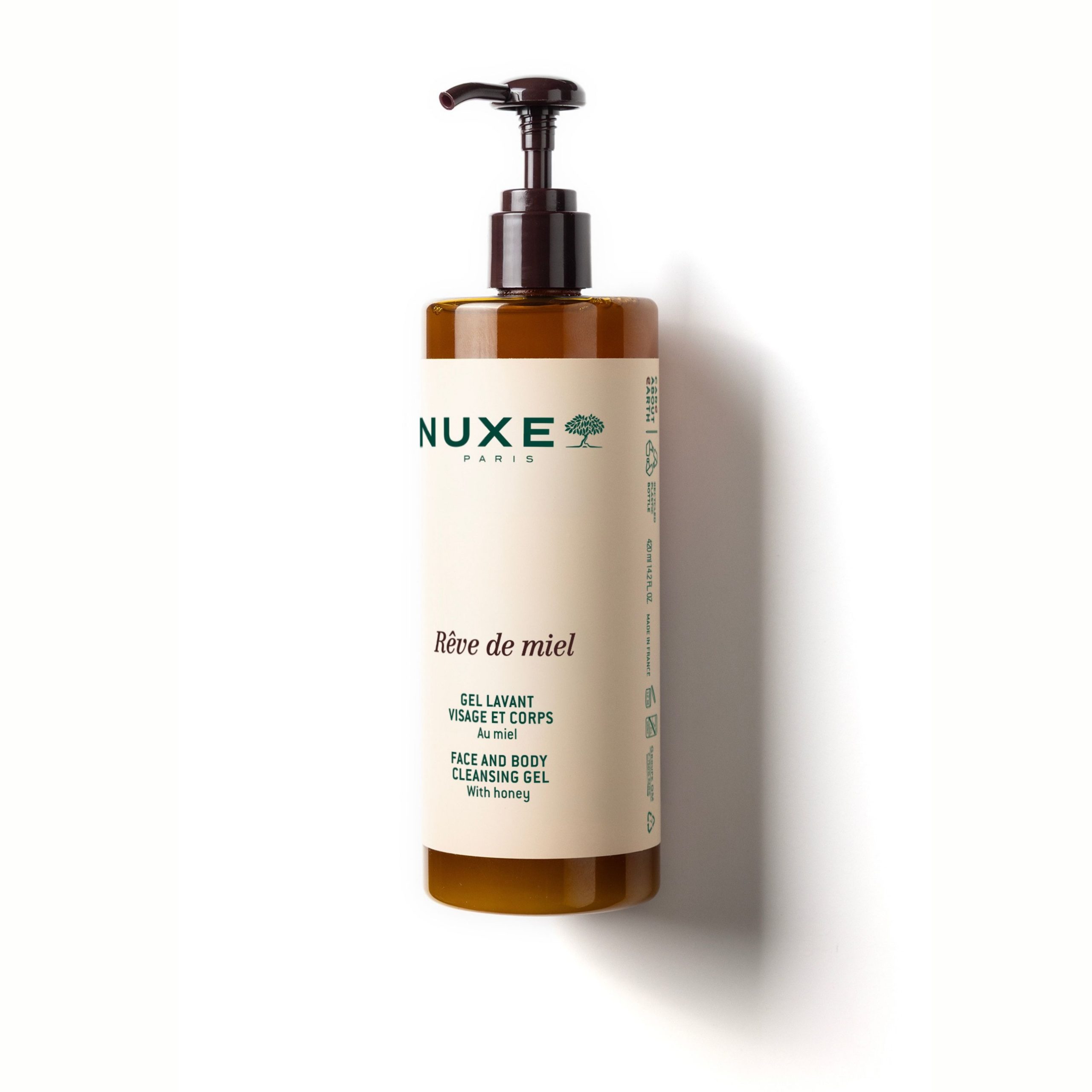 NUXE Rêve de Miel 蜂蜜臉部及身體潔顏凝膠，採用按壓式瓶身設計，專為乾燥及敏感肌膚提供滋養護理。