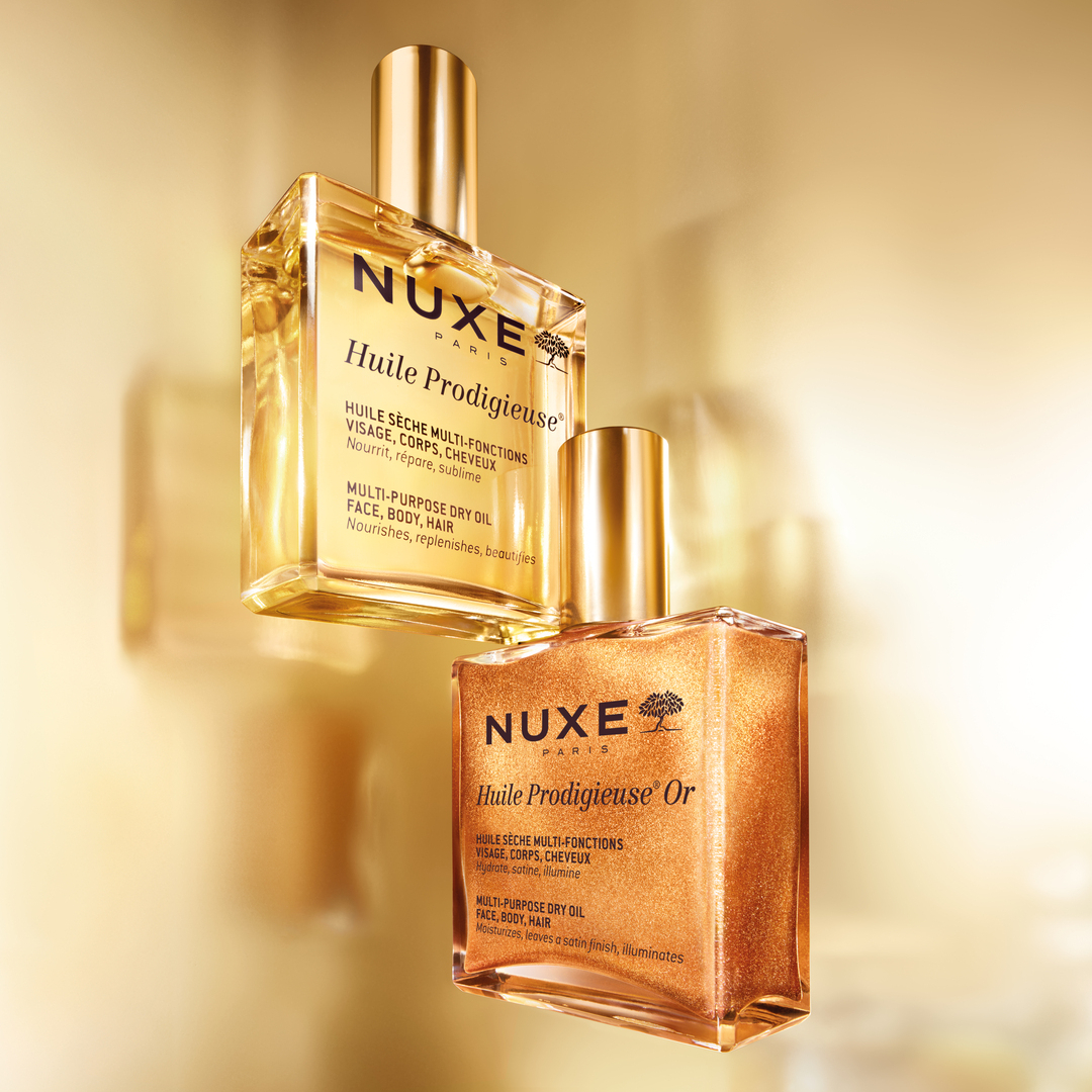 Les huiles sèches « Huile Prodigieuse » et « Huile Prodigieuse Or » de NUXE, des soins de luxe pour le visage, le corps et les cheveux.